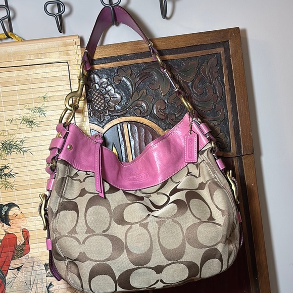 Coach Hobo Shoulder Bag Pink Leather Brown Monogram 12”Wx12”Hx5”W VGUC - Picture 5 of 17